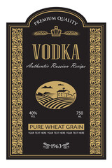 template vodka label with royal crown, field and ears of wheat in retro style - obrazy, fototapety, plakaty