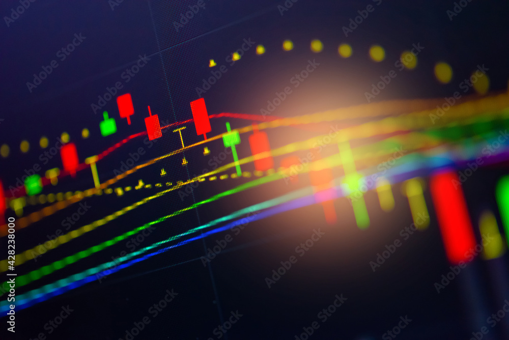 Poster stock market data on digital led display. fundamental and technical analysis with candle stick graph