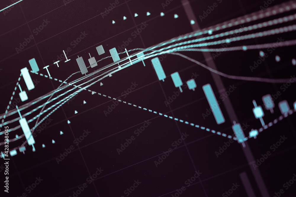 Poster stock market data on digital led display. fundamental and technical analysis with candle stick graph