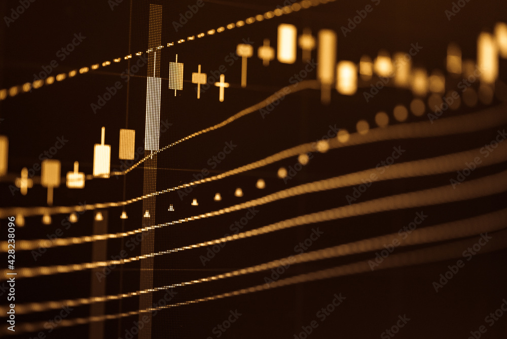 Poster stock market data on digital led display. fundamental and technical analysis with candle stick graph