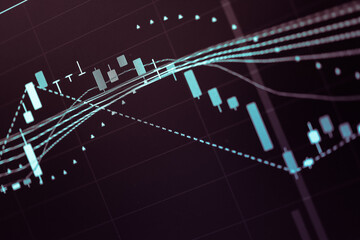 Stock market data on digital LED display. Fundamental and technical analysis with candle stick graph chart of stock market trading to represent about Bullish and Bearish point.	