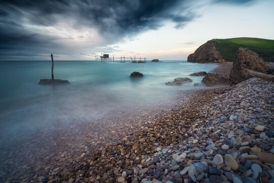 Trabocco Punta Aderci, Vasto (Chieti), Italy. The trabucco is an old fishing machine typical of the coast of Abruzzo region (specially in the Trabocchi Coast or Costa dei Trabocchi)