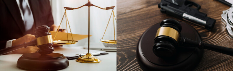 Business and lawyers discussing contract papers with brass scale on desk in office. Law, legal...