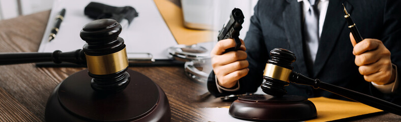 Business and lawyers discussing contract papers with brass scale on desk in office. Law, legal services, advice, justice and law concept picture with film grain effect