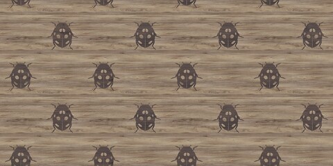 Silhouettes of ladybug on wood background. Seamless pattern