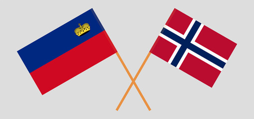 Crossed flags of Liechtenstein and Norway. Official colors. Correct proportion