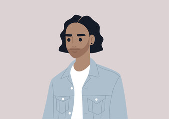 A portrait of a young Latino male character with long wavy hair wearing a denim jacket, casual millennial lifestyle