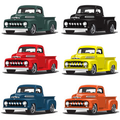 1950's Classic Vintage Pickup Truck Vector Illustrations in several colors