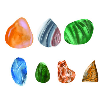 Big set of colorful different agates stones isolated on white. 