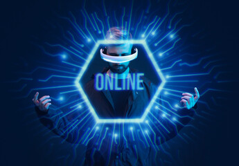 Man on dark virtual reality background. Guy using VR helmet. Augmented reality, future technology, game concept. Blue neon light. Futuristic holographic interface to display data.