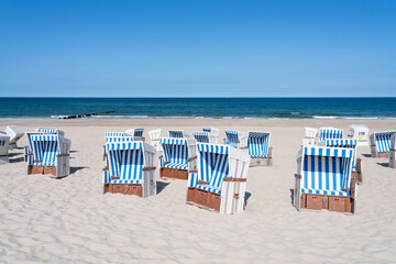 Empty beach chairs at the North Sea coast