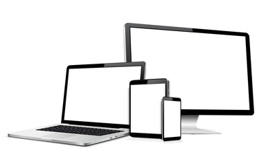 Digital device screen mock up. Smartphone, tablet, laptop, computer screen with blank screen.
