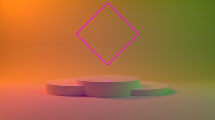 3d Podium for packaging presentation and cosmetic. Product display with colorful plastic textures. 3d illustration