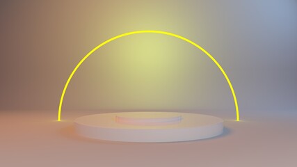 Podium for packaging presentation and cosmetic, shadow on wall. Product display with colorful plastic textures. 3d illustration