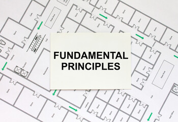 Business card with text Fundamental Principles on a construction drawing