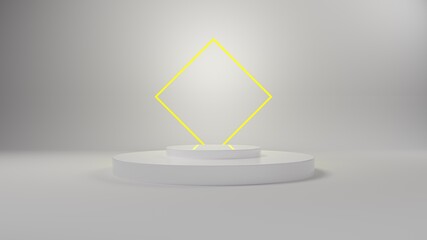 White 3D Podium with yellow neon light for packaging presentation. Product display with white plastic textures. 3d illustration