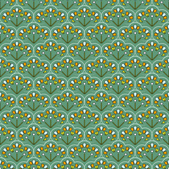 Seamless geometric pattern. Repeating curly elements of three abstract colors, bluish-green background.