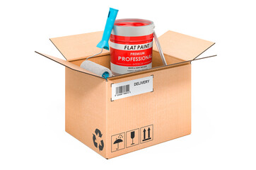 Paint can and brush inside cardboard box, delivery concept. 3D rendering