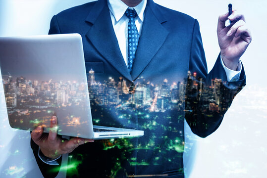 Double exposure of young business man and digital number of stock market background to represent successful in investment marketing. Find out the best solution in business and financial as concept.