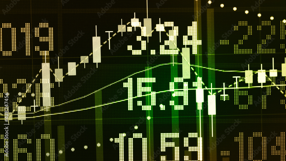 Poster financial data in term of a digital prices on led display. a number of daily market price and quotat