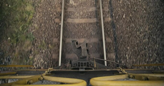 Cinematic shot: Top down view of train journey. Railway Track Seen from Train Perspective POV. Train hook. 4k