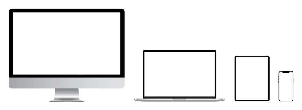 Set of computer, laptop, tablet and phone in a flat vector style. Device screen mockup. Smartphone, tablet, laptop and monoblock monitor, with blank screen for you design. Vector illustration.