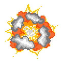 Fototapeta premium Explosion with clouds pixel smoke. Detonating bomb red energy destruction and blazing yellow fire with gray acrid clouds vector gases.