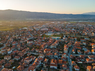 Aerial sunset view of town of Petrich, Bulgaria