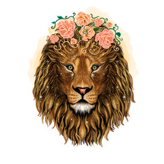 Lion with flowers. Color, graphic, hand-drawn portrait of a lion looking ahead on a white background. King head isolated on white background.