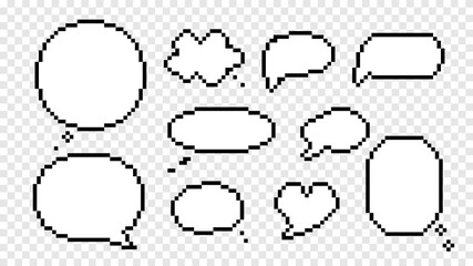 Clouds conversation and speech bubbles pixel isolated icons. Dialog empty black sketches with lines scribbles in geometric shapes for web social vector communication.