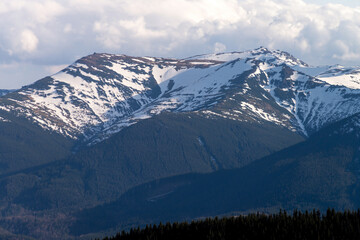Fototapeta na wymiar Panoramic view of spring Carpathian Mountains