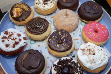 A delicious selection of colourful doughnuts including a chocolate one with sprinkles