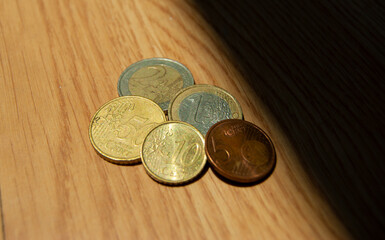 euro coins on a wood surface close up