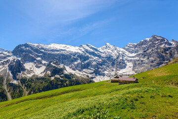 Fototapeta na wymiar The Swiss Alps at Murren, Switzerland. Jungfrau Region. The valley of Lauterbrunnen from Interlaken.