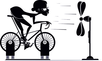 Cyclist trains at home on the exercise bike illustration. Cyclist woman rides on exercise bike in front of the ventilator black on white