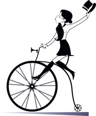 Young woman with a top hat rides retro bike illustration
Attractive young woman holds a top hat in the hand rides a vintage bike black on white
