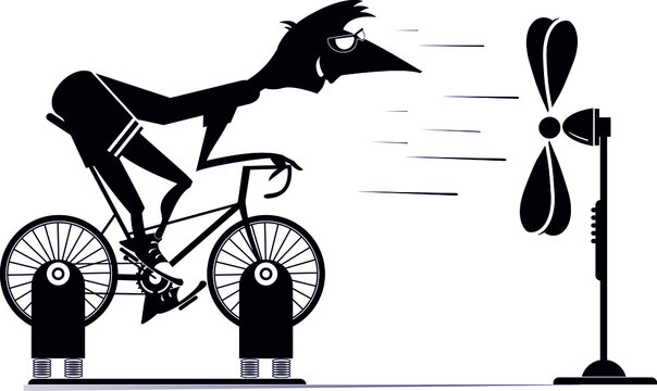 Cyclist trains at home on the exercise bike illustration. Cyclist man rides on exercise bike in front of the ventilator black on white