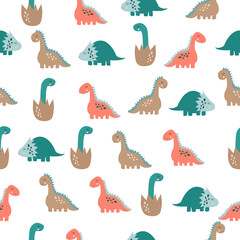 Cute childish seamless pattern from different dinosaurs. Vector illustration on white background.