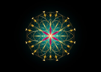 Flower of Life symbol Sacred Geometry. Gold luxury Logo icon Geometric mystic mandala of alchemy esoteric purple Seed of Life. Vector divine meditative amulet isolated on black background