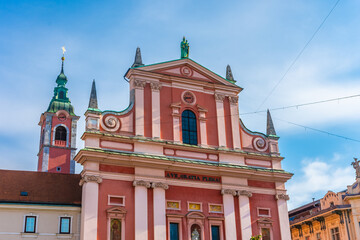 Fototapeta na wymiar Red Church in Ljubljana Historic Center, Slovenia