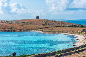 Old tower and beautiful beach in Asinara island, Sardinia