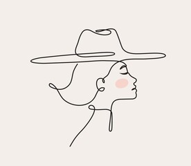 Modern linear portrait of young beautiful woman wearing hat.  Profile face in one line style. Vector illustration