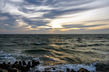 Poland, Hel - sunset on the beach at winter time.  