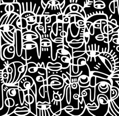 Black and white pattern of women's faces on a black background, abstract design