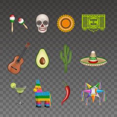 set of cinco de mayo isolated elements mexican symbols