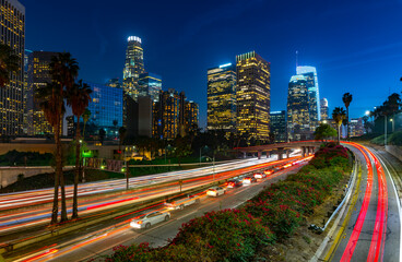 Los Angeles skyline with evening  traffic
