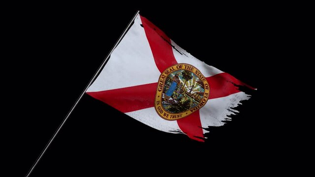 3D Animated Florida Wind Torn Flag on Pole with Matte 4K