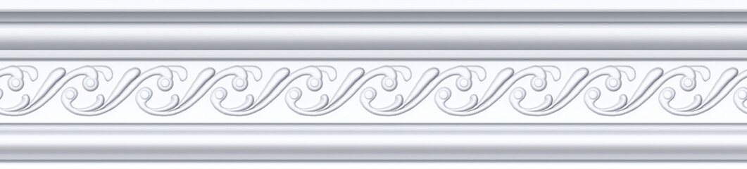 Seamless pattern of white classic mold cornice with classic floral ornament for interior wall design. Repeating gypsum plaster frieze for ceiling decoration frame
