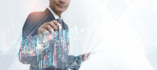 Businessman, finance analyst using tablet analyzing marketing report, business data with financial...
