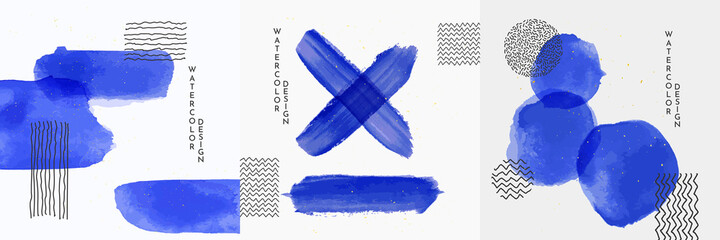 Vector illustration. Abstract contemporary aesthetic backgrounds. Design element for social media template, card, banner, poster. Scandinavian culture. Blue watercolor paints with golden splash dots